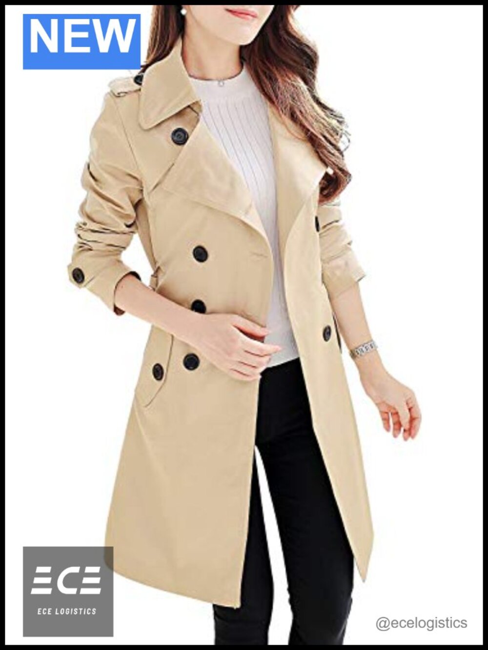Women's Double-Breasted Trench Coat Classic Lapel Slim Waterproof Belted